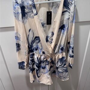 Floral Wrap Dress with Blue and Cream Design